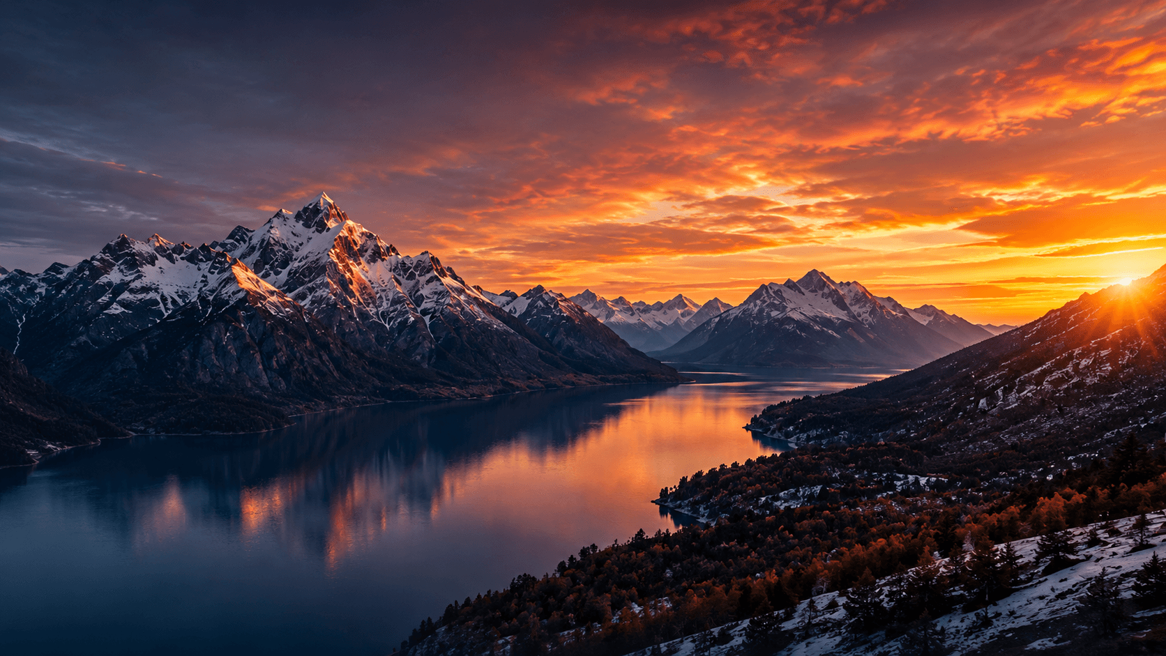 Paisaje de montañas y lago al atardecer